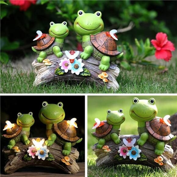 Garden Turtles Statue , Frog Face Sculpture Garden Figurine with LED Solar Light - Picture 6 of 7